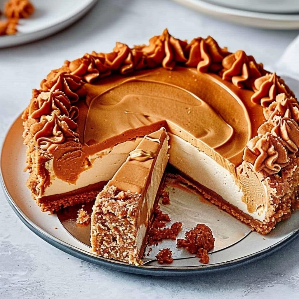 Slice of no bake Biscoff cheesecake