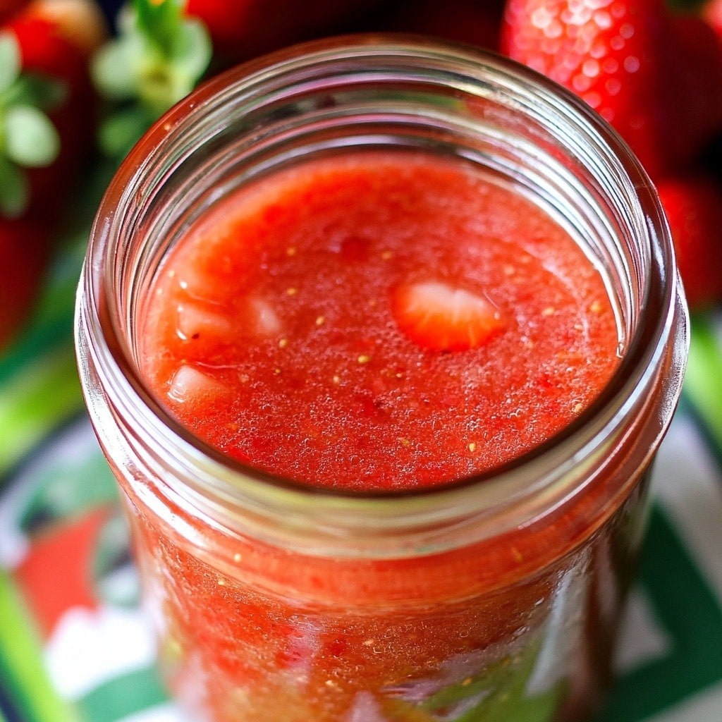 Strawberry vinaigrette recipe in glass jar with strawberries
