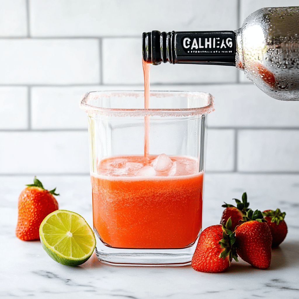 Blending strawberry margarita mix in a blender