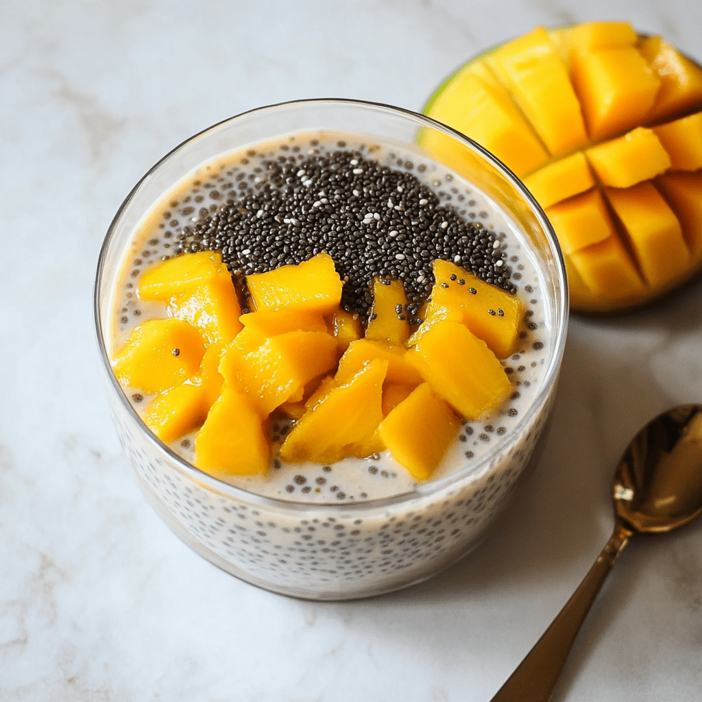 Mango chia pudding in glass jars with fresh mango