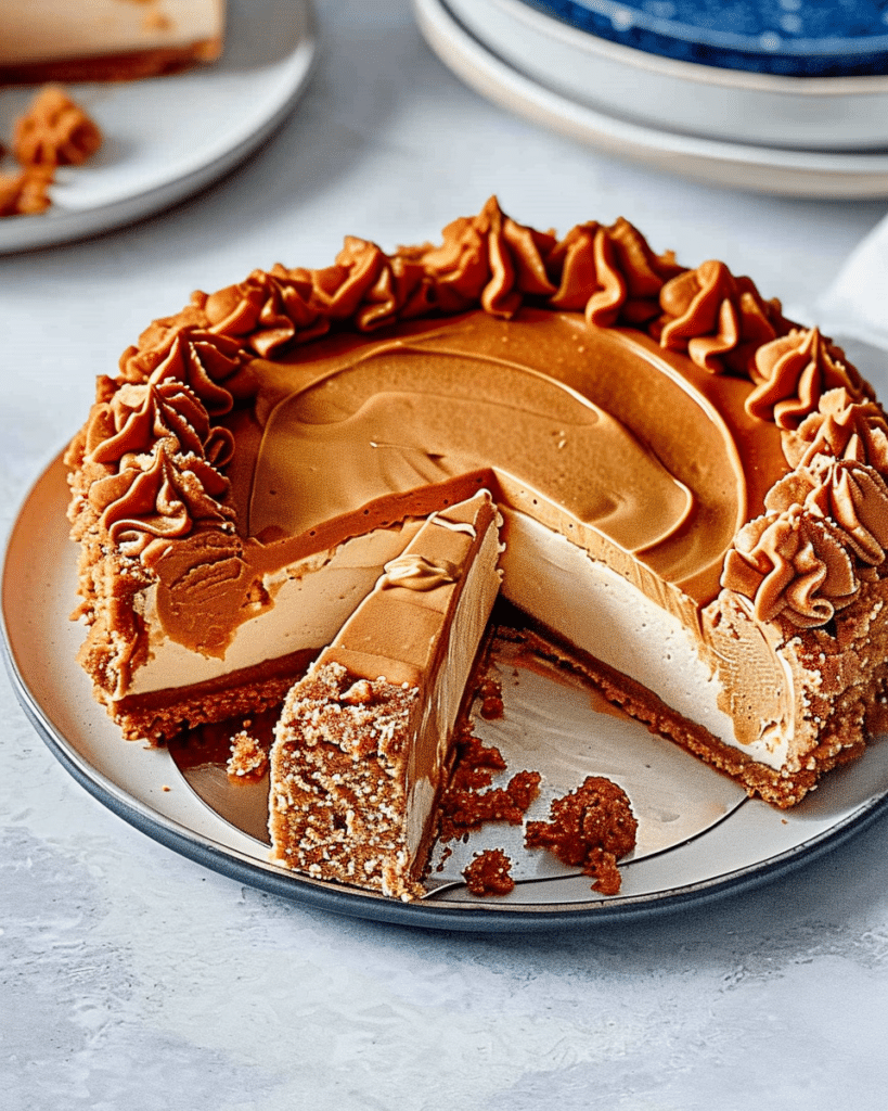 Slice of no bake Biscoff cheesecake