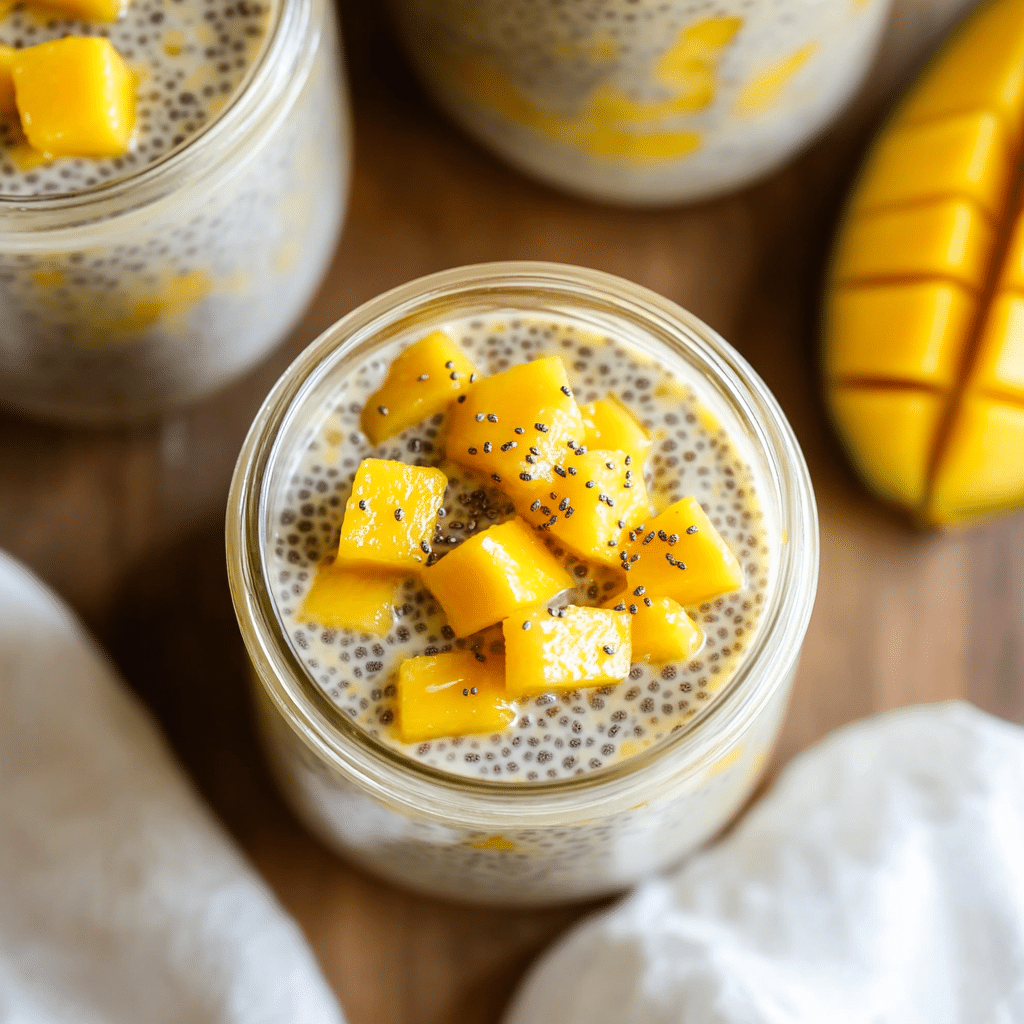 Thickened mango chia pudding ready to eat