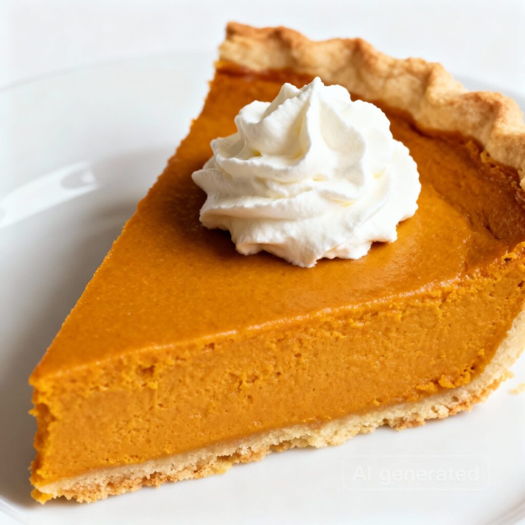 Slice of pumpkin pie with whipped cream on white plate.