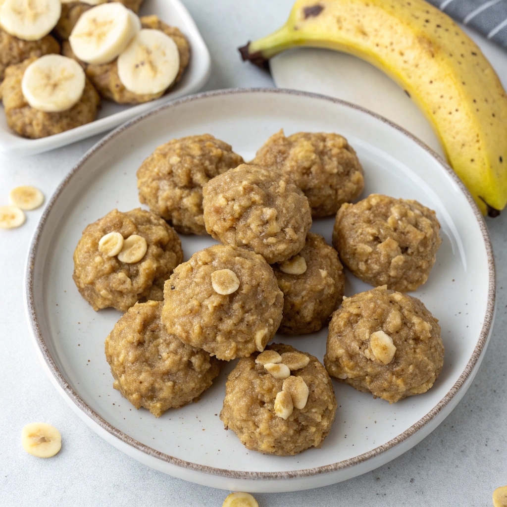 A plate of healthy no-bake banana cookies, showing their soft, chewy texture. A ripe banana is placed next to the plate.
