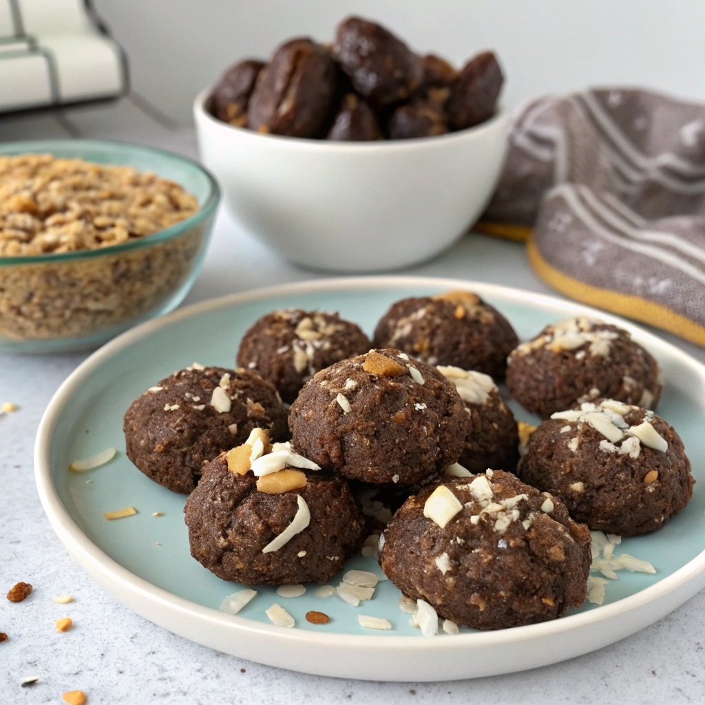 A plate of healthy no-bake cookies with a natural, rustic look, next to a bowl of mashed banana and dates.