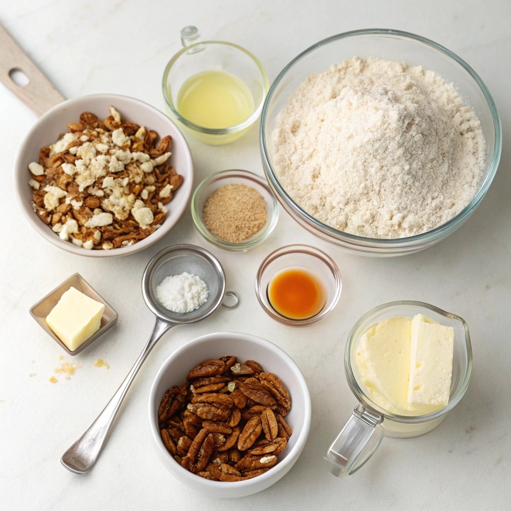 Keto cheesecake crust ingredients, including almond flour, chopped pecans, powdered erythritol, and melted butter, on a rustic wooden table.