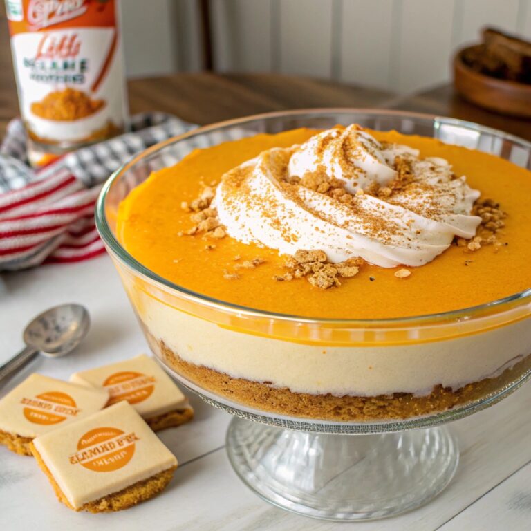 A slice of Jello No-Bake Pumpkin Cheesecake with a graham cracker crust and a dollop of whipped cream on top.