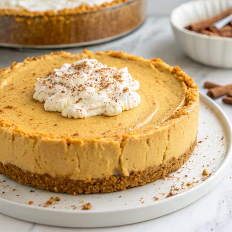 A slice of keto no-bake pumpkin cheesecake on a white plate, garnished with whipped cream and a sprinkle of cinnamon.
