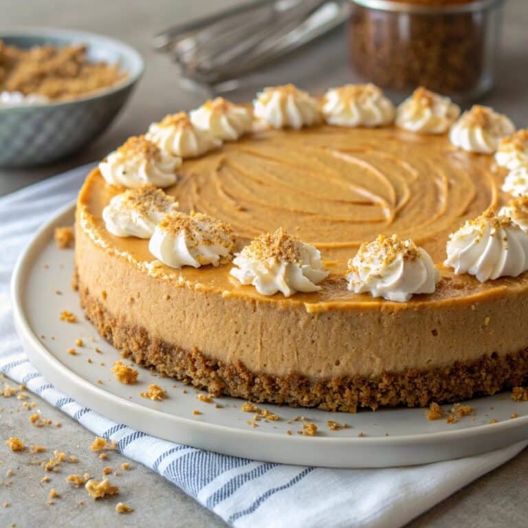 No-bake pumpkin cheesecake with a crunchy gingersnap crust topped with whipped cream and drizzled salted caramel.