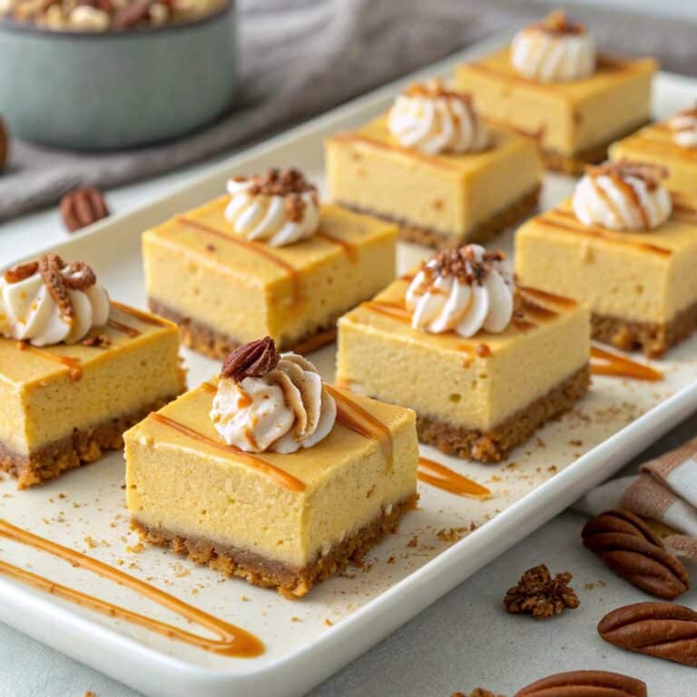 A serving tray of no-bake pumpkin cheesecake bars cut into perfect squares, each with a creamy filling and a crushed gingersnap crust.