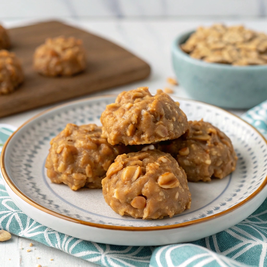 A plate of peanut butter fudge no-bake cookies on a rustic wooden table.