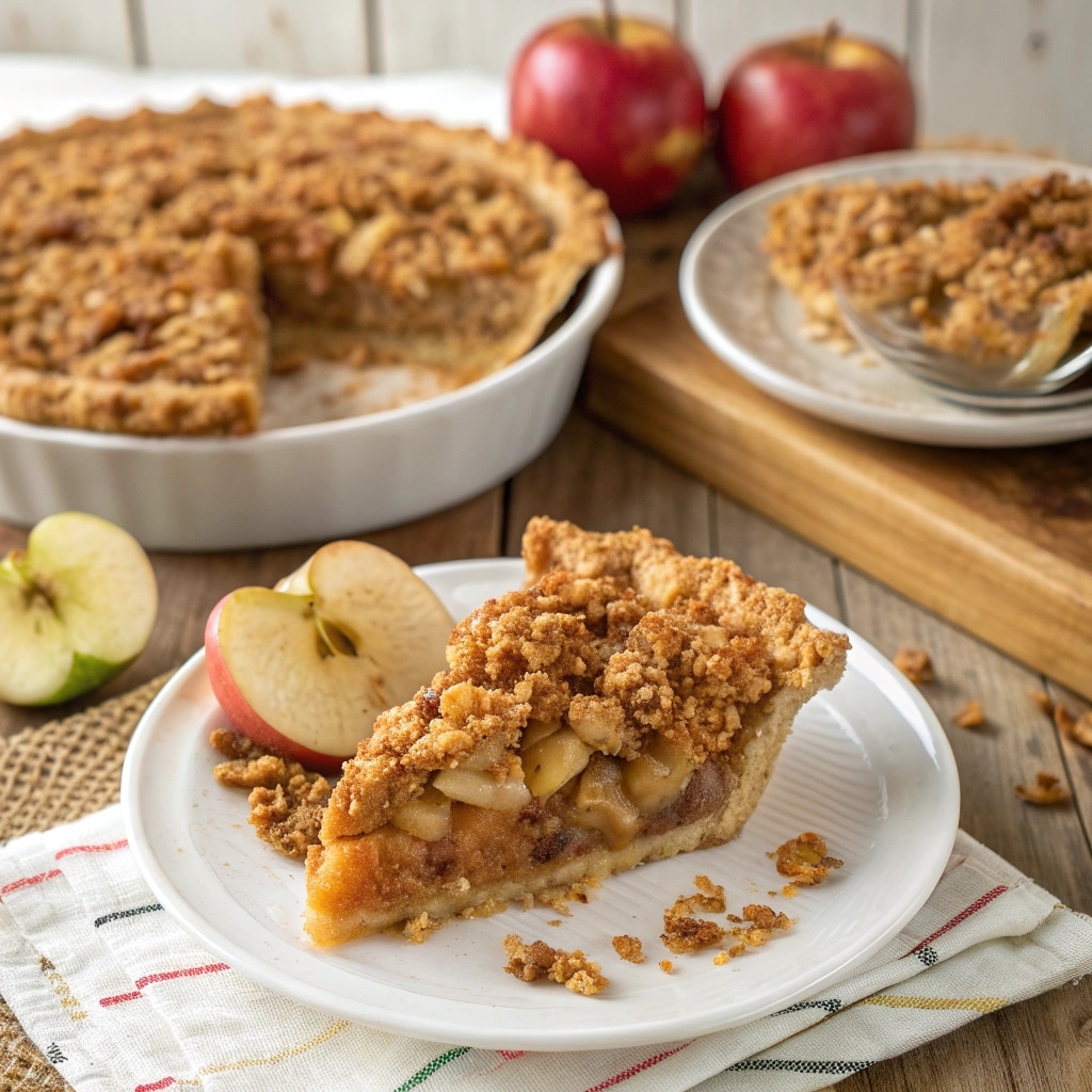 A close-up shot of a white bowl filled with warm apple crumble topped with a scoop of vanilla ice cream and a drizzle of caramel sauce. A black spoon rests in the dish, and cinnamon sticks are visible in the background.