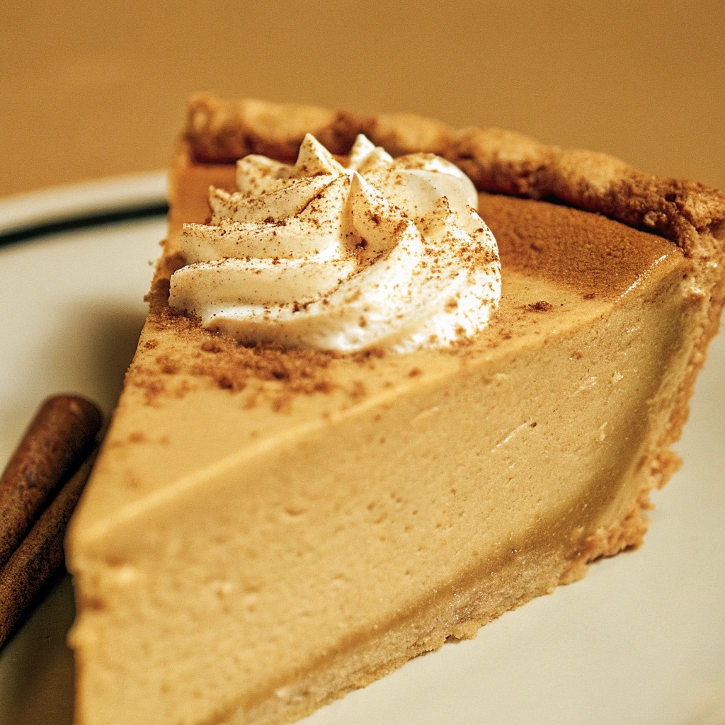A classic pumpkin pie baked in a crust, showing a smooth, deeply-colored filling and a decorative fluted edge