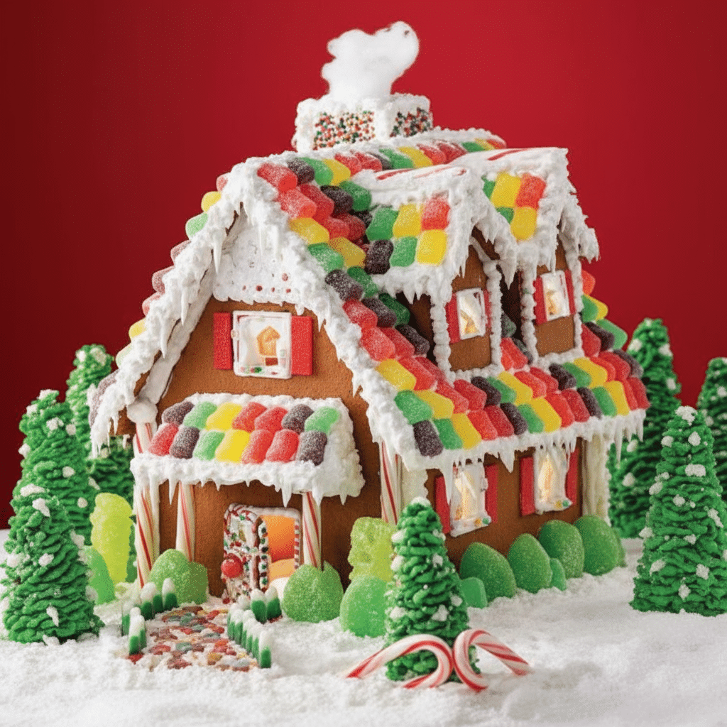 Colorfully decorated gingerbread house with gumdrops, icing snow, candy canes, and gumdrop trees on a snowy base.