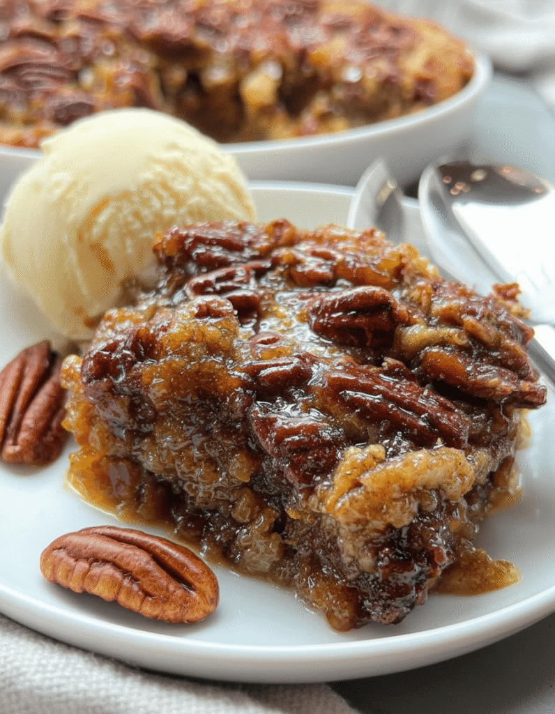 Slice of pecan pie with caramelized pecans and a scoop of vanilla ice cream on a white plate