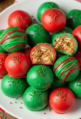 Vibrant red and green chocolate Butterfinger Balls with crunchy centers on wax paper for Christmas holidays.