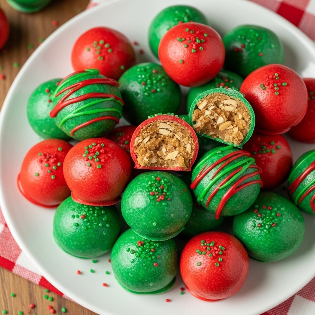 Vibrant red and green chocolate Butterfinger Balls with crunchy centers on wax paper for Christmas holidays.