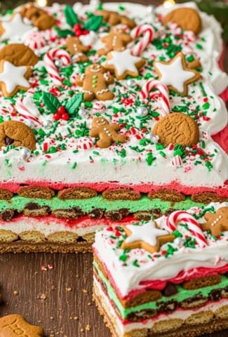 Slice of Christmas Cookie Lasagna showing cookie crust, cheesecake layer, chocolate pudding, and whipped cream topped with crushed candy canes and sprinkles