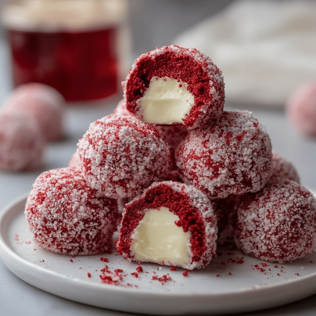 Red velvet snowball cookies with powdered sugar coating for Christmas.