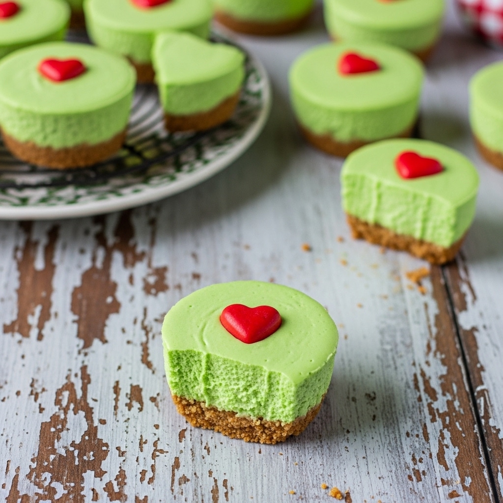 Grinch Mini Cheesecakes with green filling, whipped cream, and red heart candies in muffin liners.