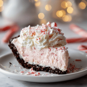 Dreamy no-bake Christmas peppermint pie with chocolate crust and candy cane topping.