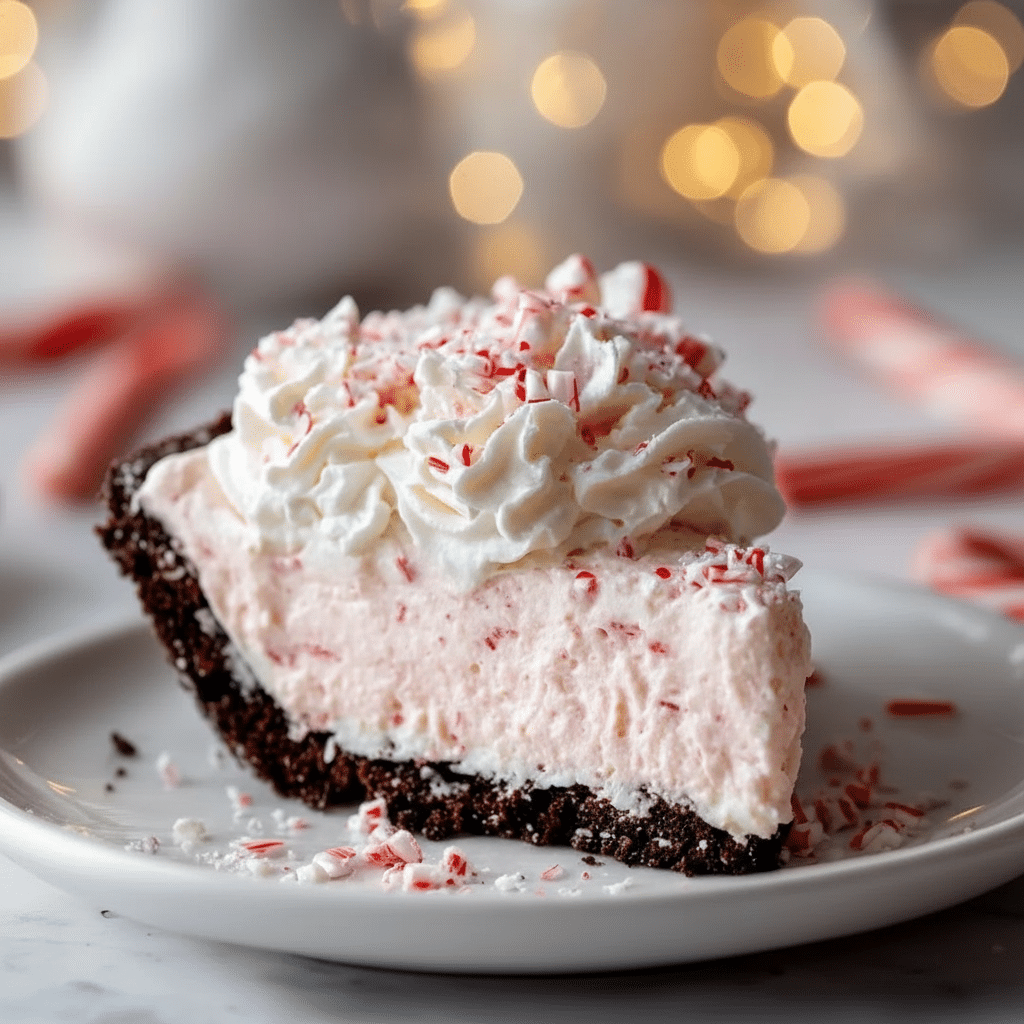 Dreamy no-bake Christmas peppermint pie with chocolate crust and candy cane topping.