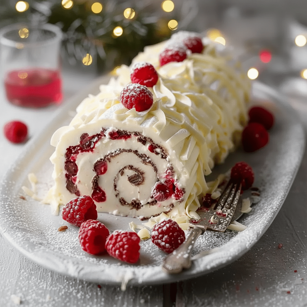 White chocolate raspberry yule log Christmas cake with snowy powdered sugar.