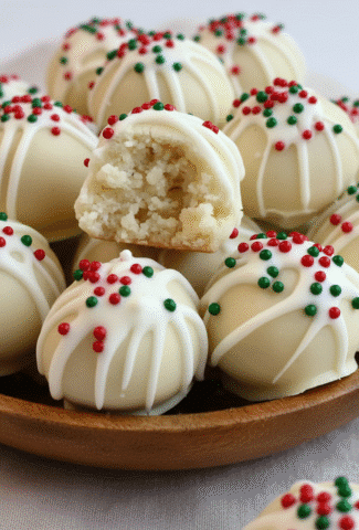 Sugar Cookie Truffles coated in vanilla with colorful holiday sprinkles on parchment paper.”
