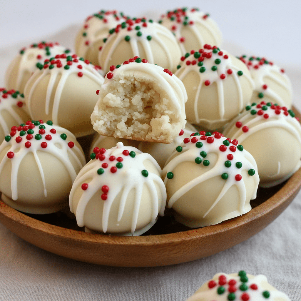 Sugar Cookie Truffles coated in vanilla with colorful holiday sprinkles on parchment paper.”
